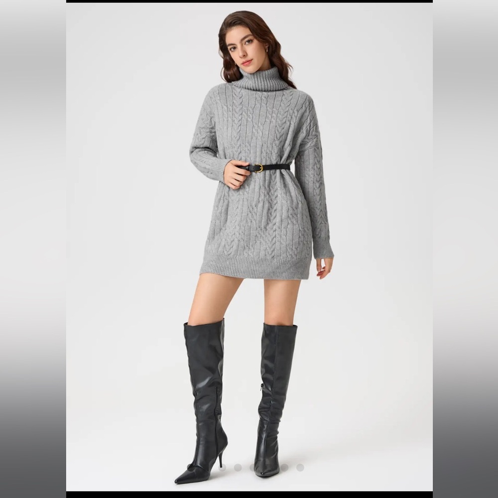 Cider Gray Cable Knit Turtleneck Sweater Dress